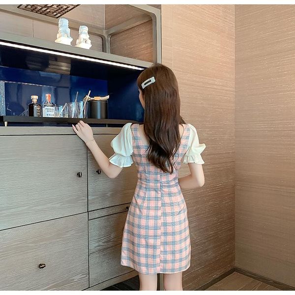 

casual dresses flared sleeve plaid skirt sequin short dress, Black;gray