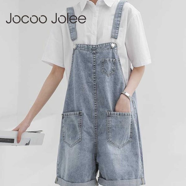 

jocoo jolee women summer korea breastplates loose high waist pocket cowboy rompers playsuits preppy style crimping straight 210619, Black;white