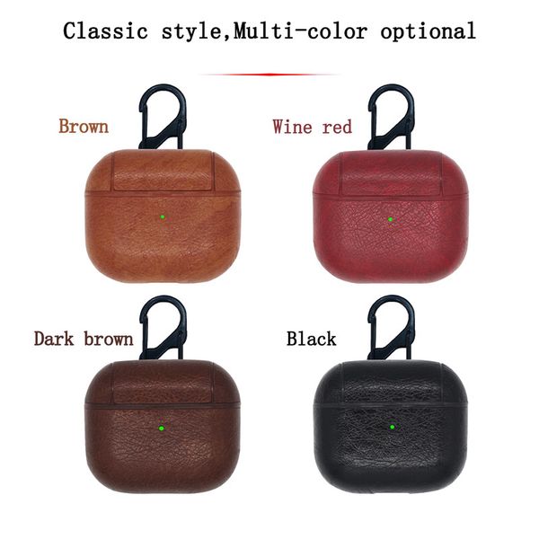 

for airpods pro 4 3 2 1 earphone case pu leather classic solid color headphone shell protective cover anti-drop with anti-lost metal hook re