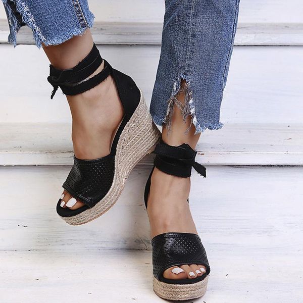 

dress shoes women's summer sandals woman wedges knot ankle strap female lace up ladies fashion elegant sandal non slip 2021, Black