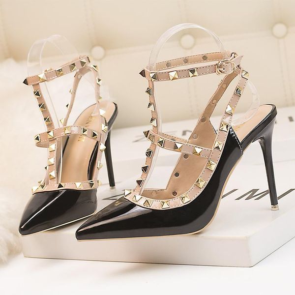 

sandals women's shoes summer nightclub stiletto pointed high heels patent leather solid color rivet roman hollow, Black