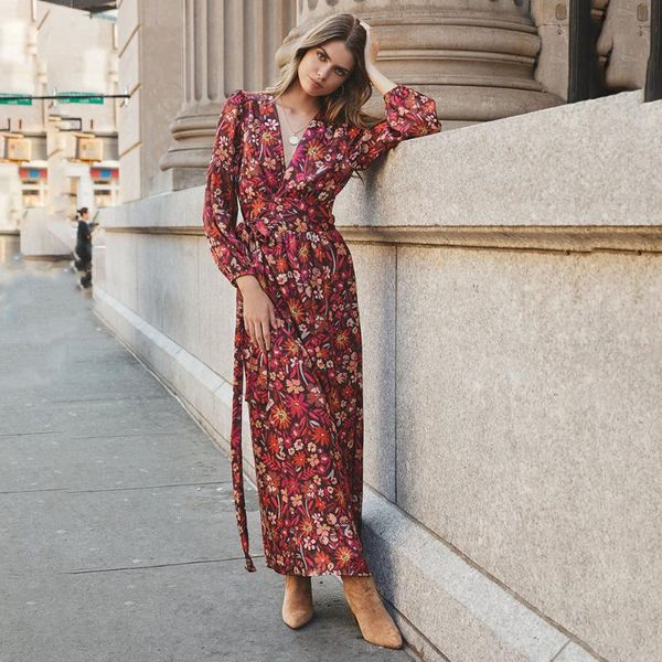 

casual dresses dress autumn 2021 womens printing long sleeve high waist v-neck fashion, Black;gray
