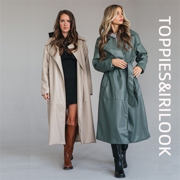 

ies oversized leather trench coat for women womens clothes long soft faux jacket 211221, Black