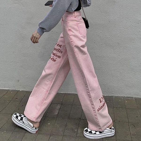 

y2k women's high waisted jeans pants letter print straight trousers fit young girls woman spring summer pink cute long jean, Blue