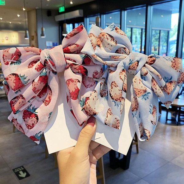 

women girls sweet print strawberry chiffon big bow hairpin elegant headband cute hair ornament clip fashion accessories1