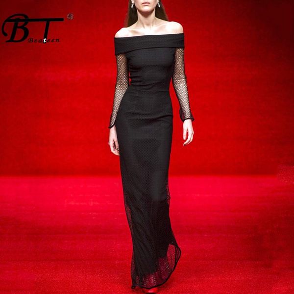 

casual dresses beateen 2021 slash neck off the shoulder bandage gown long sleeve winter black maxi dress hollow out club party, Black;gray