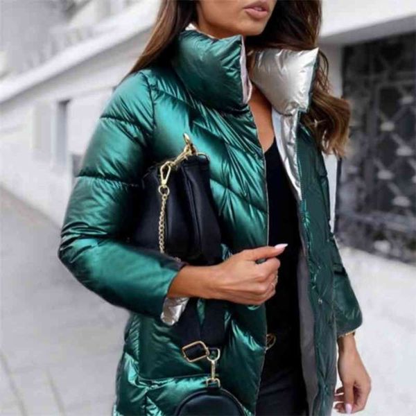 

light-reflecting jacket women winter warm bread parka short padded casual thick stand-callor oversized cotton coat femme parkas 210925, Black