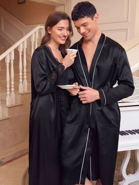 

x dr.kholoud men 1pc contrast binding pocket front robe q5mc#, Black;brown