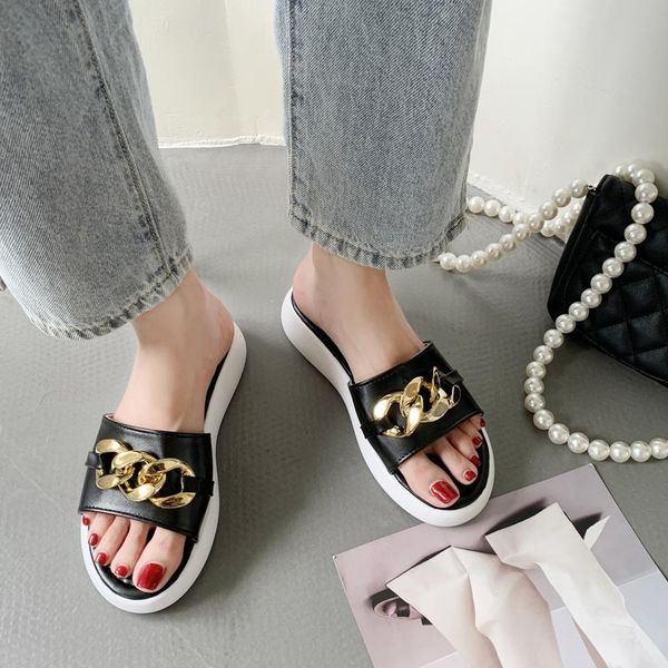 

slippers 2021 summer fashion open toe comfortable ladies flat metal button sandals women outdoor beach shoes female, Black