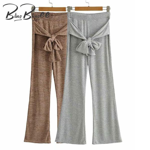 

women's pants & capris blingblingee thin style autumn female knit lace-up front elastic high waist women casual ankle length flare 2021, Black;white