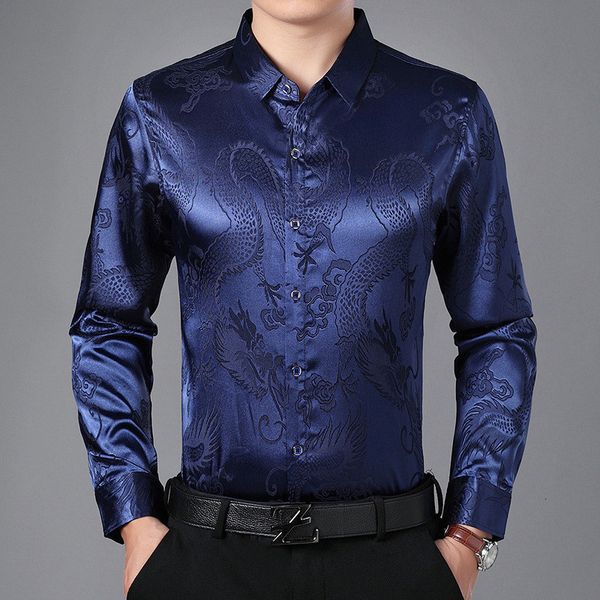 

casual shirts men's fashion middle-aged simulation silk long-sleeved shirt chinese style business gentleman, White;black