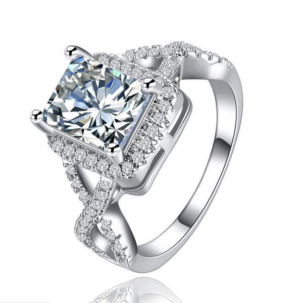 

cluster rings luxury square shape women ring bling iced out micro pave crystal zircon dazzling bridal wedding engagement, Golden;silver
