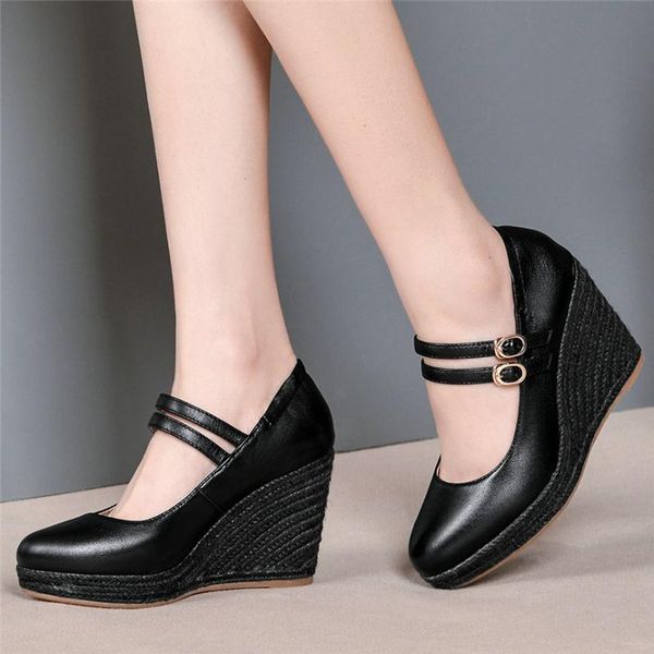 

boots ladies mary jane shoes women genuine leather wedges high heel ankle female round toe platform pumps casual, Black