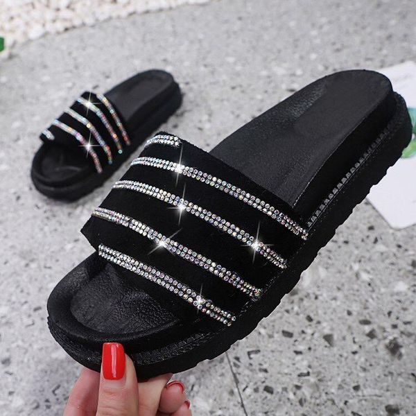 

slippers summer 2021 women rhinestone candy color sandals outdoor wild beach rubber non-slip durable flip flops stripe ms, Black