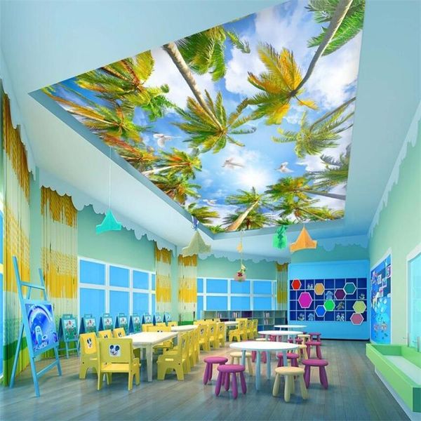 

wallpapers custom hawaii summer coconut palm tree ceiling painting blue sky and white clouds large mural green wallpaper