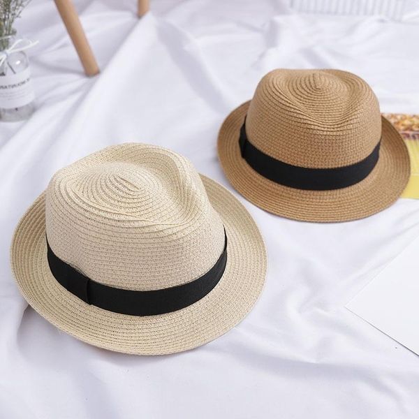 

parent-child summer straw hats british style jazz outing fashion beach sunshade ribbon panama man causal glacier bucket hat wide brim, Blue;gray