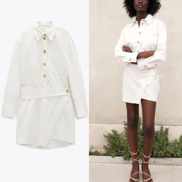

dresses za white mini shirt women long sleeve asymmetric hem belted es woman fashion front patch pocket summer vestidos, Black;gray
