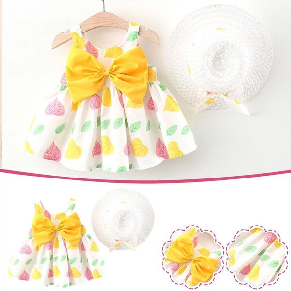 

summer sweet tutu toddler girl dresses baby sleeveless vestidos casual bowknot leaf print suspender pleated dress fisherman hat, Red;yellow