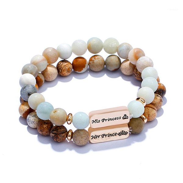 

charm bracelets 2pcs/set 2021 prince princess his & her bracelet natural stone beads lover couple crown valentine gift for him zj-03, Golden;silver