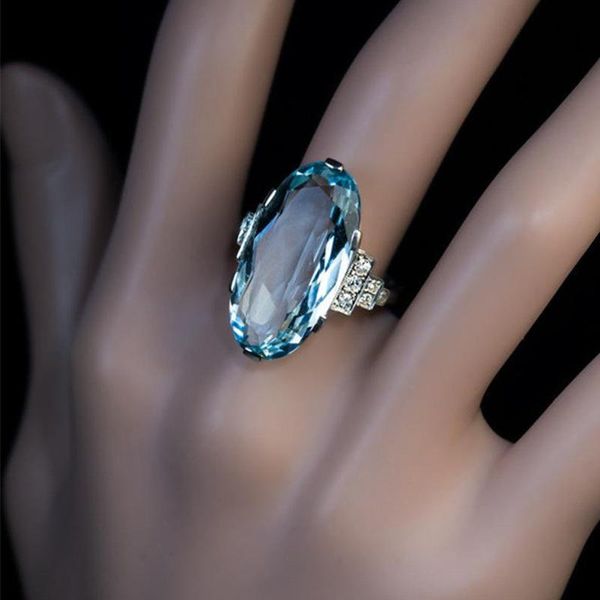

wedding rings vintage female aqua blue crystal ring charm silver color thin for women trendy bride oval zircon engagement, Slivery;golden
