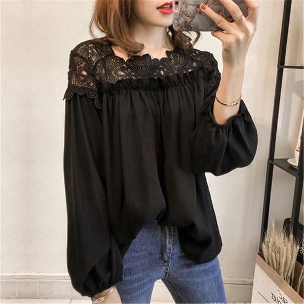

women's blouses & shirts spring summer for women 2021 off should lace hollow out slash neck ladies white black plus size blous