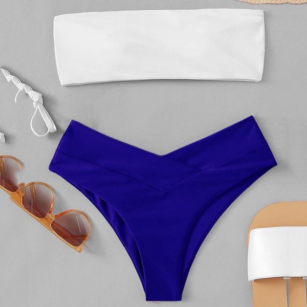

women's swimwear two tone bandeau swimsuit high leg bikini push up femele thong beach wear 2021 woman swimming suit, White;black