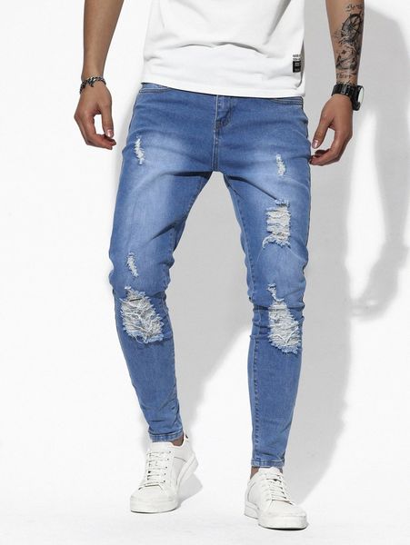 

men ripped slant pocket skinny jeans b7bz#, Blue