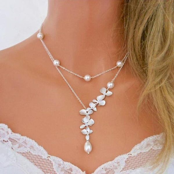 

bridal jewelry white pearl silver plated metal flower choker pendant double layered neck chains fashion necklace for women girl necklaces