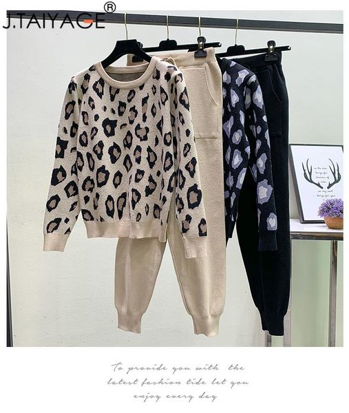 

women's two piece pants tracksuit set streetwear leopard printed knit peice casual long sleeve o-neck sweater solid color harem, White
