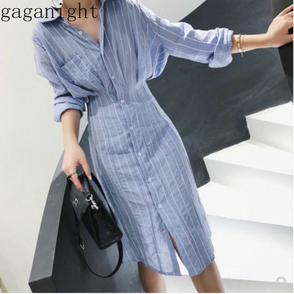 

gaganight autumn elegant women shirt dress blue striped long sleeves single breasted maxi dresses office ladies slim korean chic 210519, Black;gray