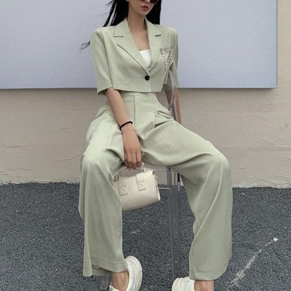 

summer women two piece set casual ol pant suits business blazer formal work coat + wide leg styles long sets women's pants, White