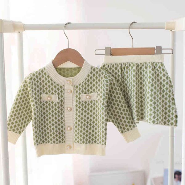 Bebek Bebek Kız Uzun Kollu Izgara Örme Kazak + Etek Giyim Setleri Sonbahar Çocuklar Kız Takım Elbise 210429