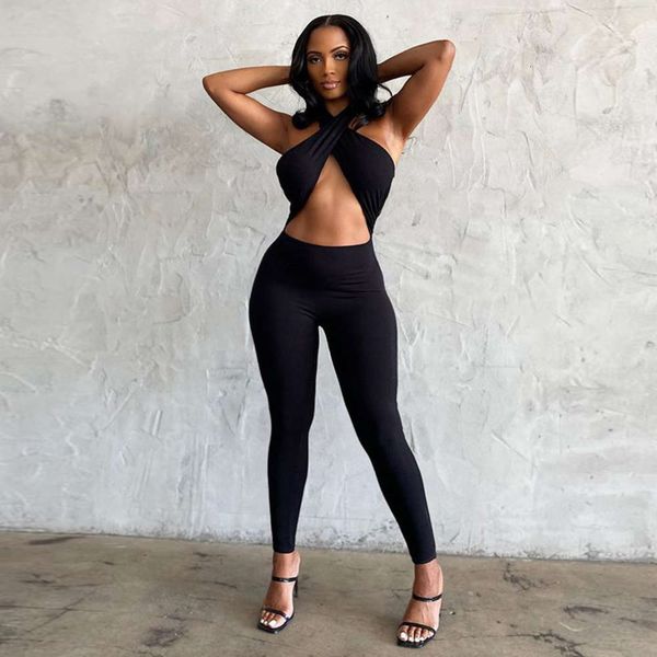 

2021 summer women's open back sports jumpsuit hanging neck solid color high waist tight casual yoga, Black;white