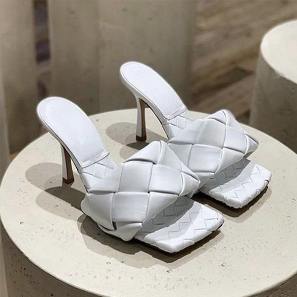 

slippers luxury designer high heels sandals women genuine leather square toe summer weave mules shoes outdoor ladies slides s29, Black
