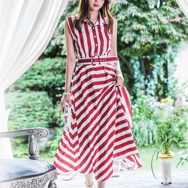 

dresses elegant striped women summer sleeveless single-breasted shirt party office lady big swing a-line with belt, Black;gray