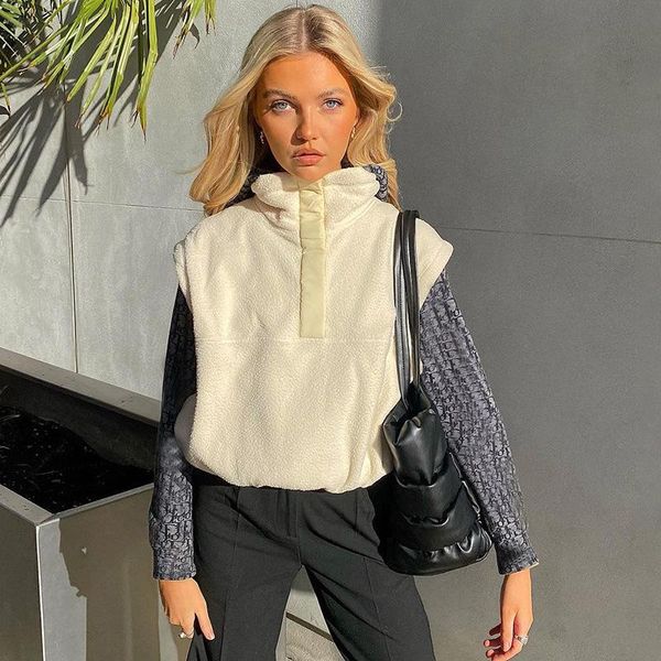 

women's vests shin loose stand-up sleeveless vest women collar concealed button plush 2021 autumn and winter waistcoat, Black;white