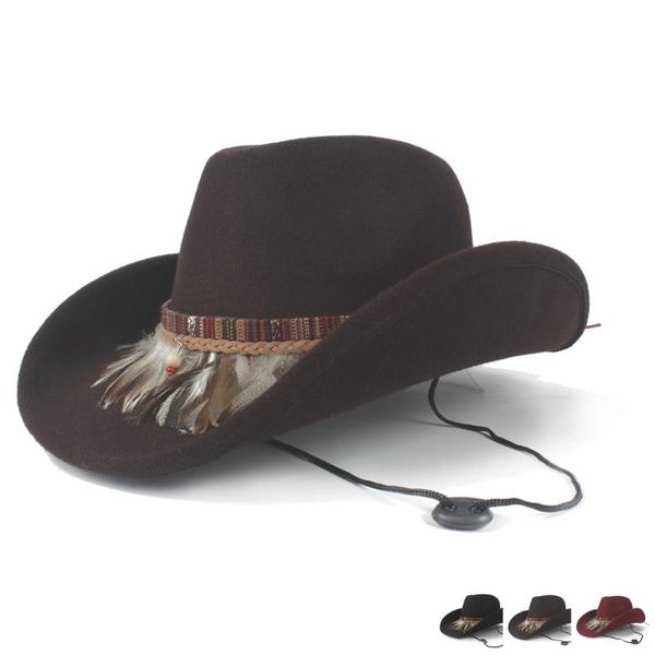 

women men wool hollow western cowboy hat roll-up brim gentleman outblack sombrero hombre jazz cap wind rope wide hats, Blue;gray