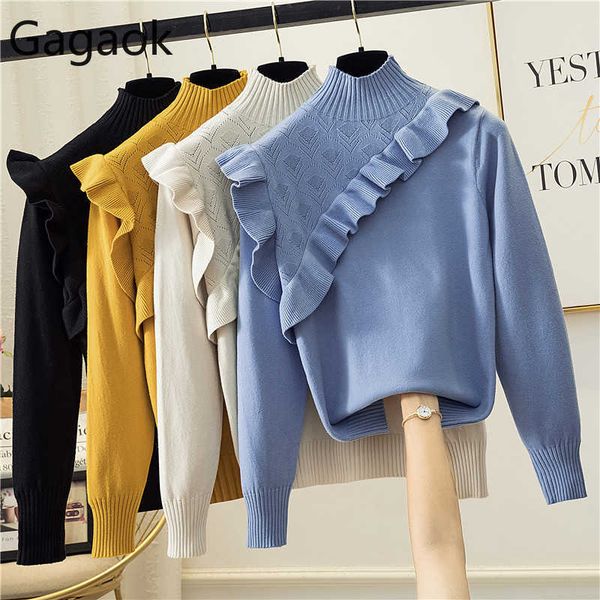 

women knitted fashion sweater spring autumn solid turtleneck full ruffles loose warm wild casual fremale pullover 210531, White;black