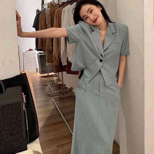 

two piece dress 2 set women summer solid chic korean short suit +long casual skirt female business office lady elegant streetwear 3mz9, White