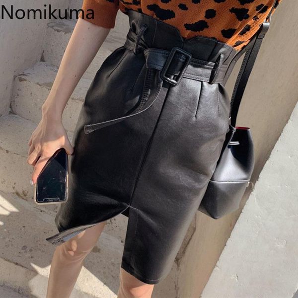

skirts nomikuma pu leather skirt korean chic autumn high waist women sash lace up split stylish bottoms jupe longue femme 3d154, Black