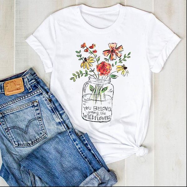 

womens women lady flower watercolor floral print ladies summer t tee female shirt clothes graphic, White