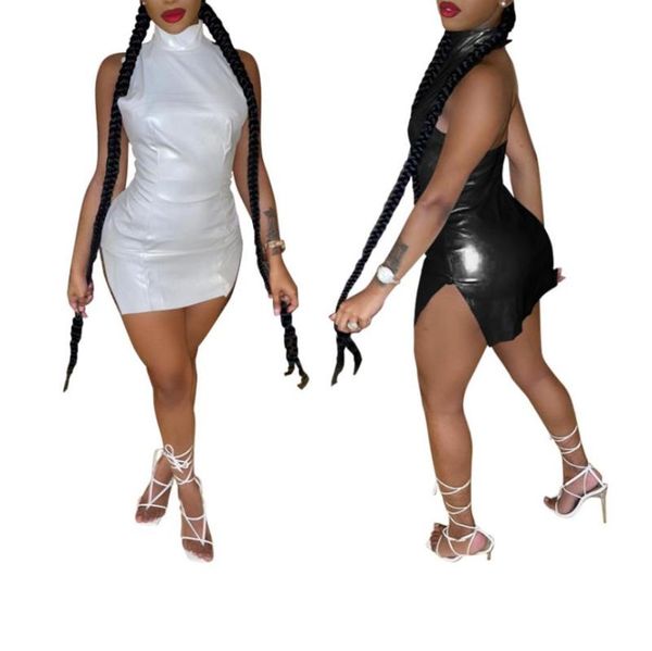 

casual dresses women close-fitting slit dress solid color sleeveless turtleneck off-the-shoulder black white, Black;gray