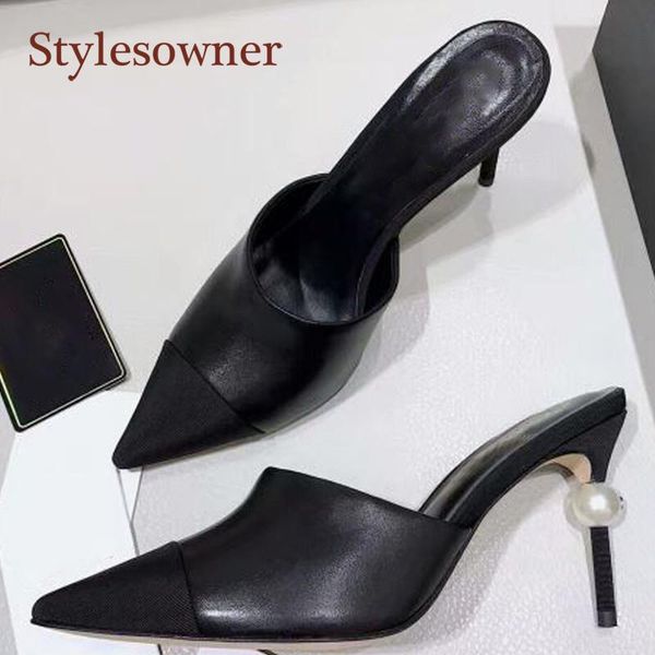 

pointed toe genuine leather pearl decor woman high heel slippers classic comfortable thin heels wedding party elegant shoes, Black