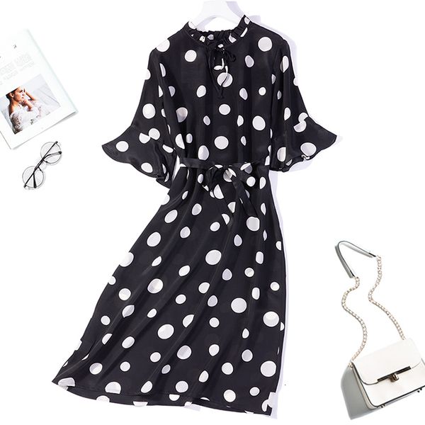 

dress women's 100% pure silk long dress dots printed bow tie neck ruffle sleeve with belt l xl jn379, Black;gray
