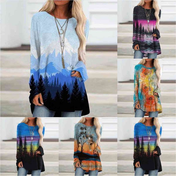 

select new products 2020 new fashion women's forest landscape printed long sleeve t-shirt, White