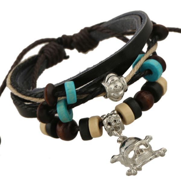 

punk multi layers handmade braided leather bracelets women men adjustable beading bangles with skull charm jewelry findings, Golden;silver