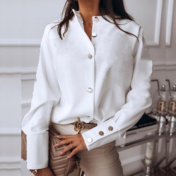 

women's blouses & shirts button long sleeve blouse women autumn winter single breasted stand collar office work print vintage, White