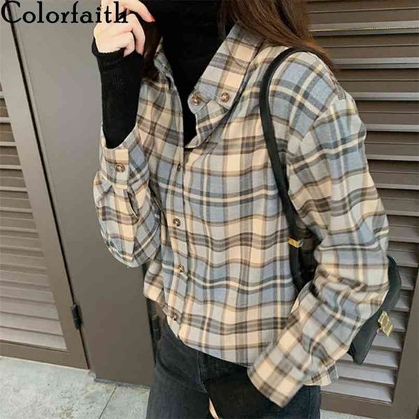 

women autumn winter blouses shirts buttons vintage oversize korean style elegant plaid checkered bl178 210427, White