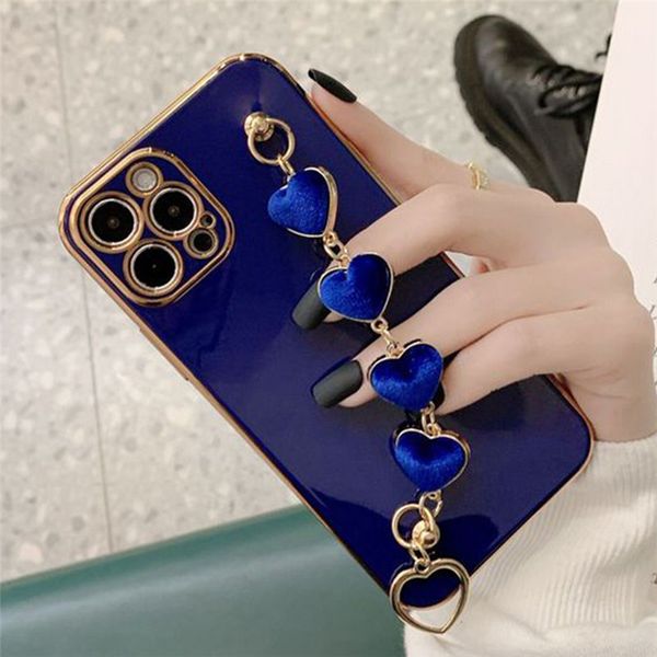 

luxury plating soft tpu cases with love heart chain bracelet strap shiny cute pretty protective cover for iphone 12 women grils