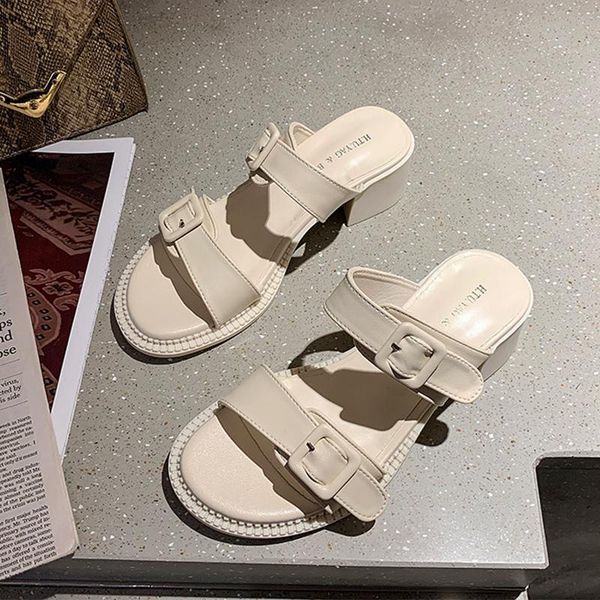

slippers 2021 summer high heels elegant sandals women open toe buckle design slip on square casual shoes, Black